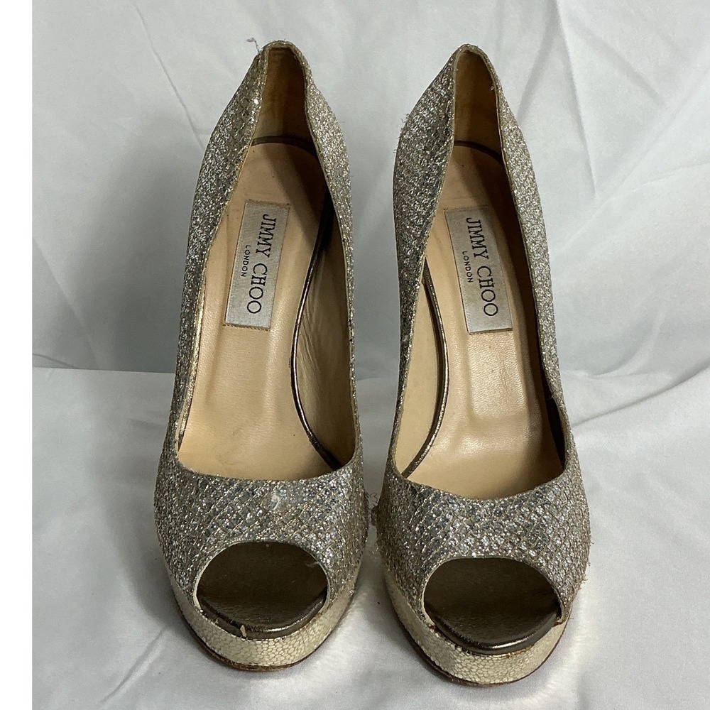 Jimmy Choo Champagne Gold Glitter Peep Toe Platform Pumps Heels Size 38 - Picture 2 of 11